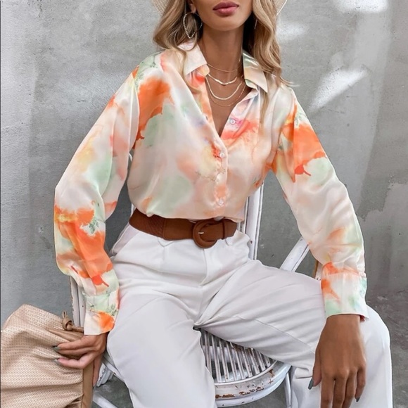 Boho orange tie dye button up blouse - Picture 2 of 7